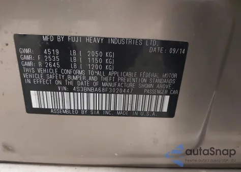 2015 Subaru Legacy 2.5I из США, поврежденный, VIN 4S3BNBA68F3020447